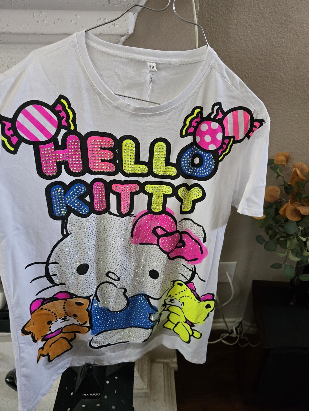Hello Kitty White Tee with Neon Pink, Yellow & Blue Graphics With Ringstones